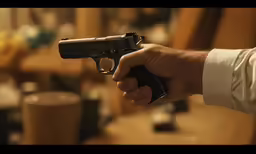 the hand is holding a gun inside a room