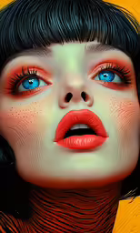 woman with blue eyes and black hair, closeup