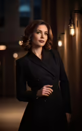 a woman in a black coat standing near lights