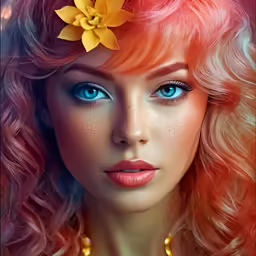 a woman with orange hair and a flower in her hair
