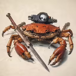 crab with a diving mask and holding two swords