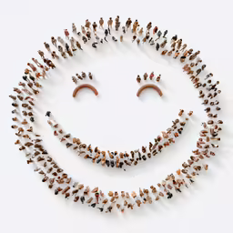 a smiley face with people around it and hands up in the air