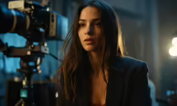 an image of a woman with long hair standing in front of a camera