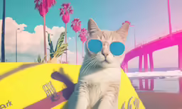 a cat wearing sunglasses near the ocean
