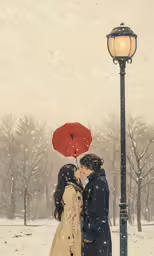 a couple kissing under an umbrella in a snowy park