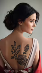 a woman wearing a red and white dress, has a back tattoo on her neck