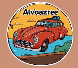 an image of a sticker with a car,the alfazere car is red with an orange background