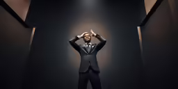 the man in a suit is gesturing while standing
