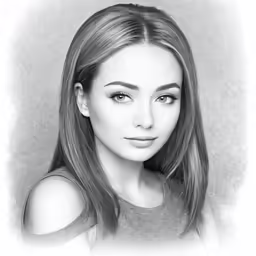 a black and white photo of a girl with long hair