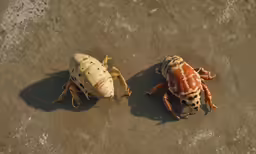 two crabs sitting on the ground looking at something