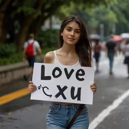 woman with sign on a city street holding a camera