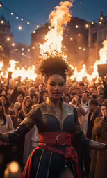 there is a woman dressed in armor holding fire with a crowd behind her