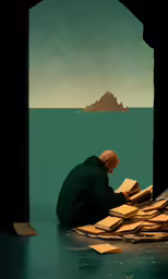 an old man in black coat sitting down reading