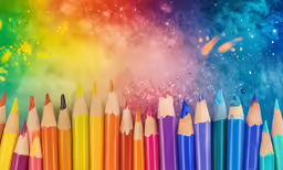 colorful pencils lined up in front of a rainbow colored backdrop