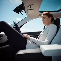 a woman wearing a white suit sitting in a car