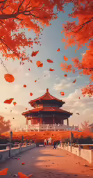 a view of a pagoda surrounded by trees in the fall