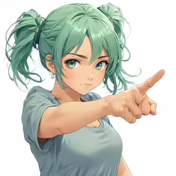 a person with green hair pointing at something