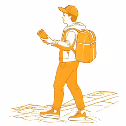 a person with a backpack walking and holding a book
