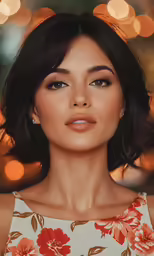 the brunette woman with brown eyeshadow, pink flowered dress, and large hoop earrings is wearing gold tone earrings
