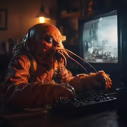 a creature in costume is typing at a computer