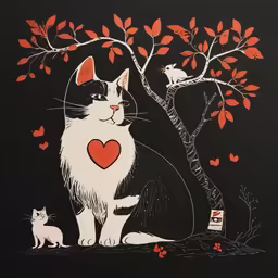 a black and white cat and two cats under a tree