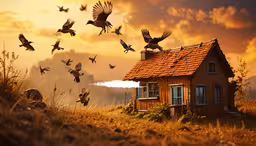several birds flying over the top of a small house,there are many birds that can be seen flying over a house