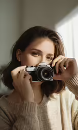 a woman in a brown sweater is taking a photo with her camera