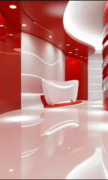 a very modern looking red and white room with rounded white ceilings