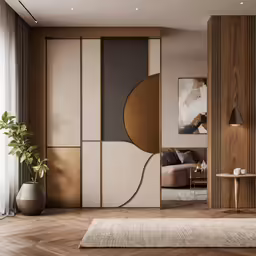 a room with a large mirror in it and some plants