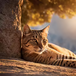 a close up of a cat near a tree