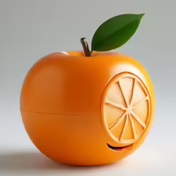 an orange with a green leaf sticking out of it