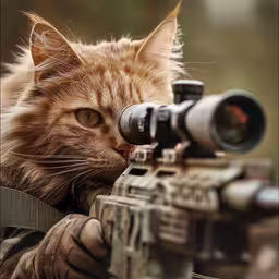 cat with rifle aiming through scope and in camouflage,a cat with a gun near the camera