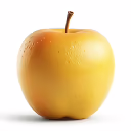 a yellow colored apple with a brown stem