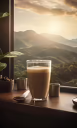 a glass mug and two empty mugs with a coffee drink in the foreground