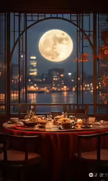 a table with two chairs under a full moon