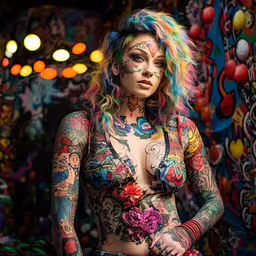 woman with face painted like tattooed body and flowers,a girl with tattoos standing next to a wall of art