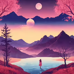the girl in the red dress looks at mountains,a painting with a woman walking towards a lake