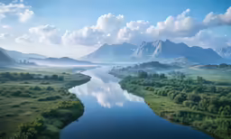 a painting of some water in the middle of mountains