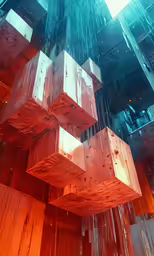 a multi layered structure made of orange and white lines