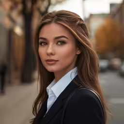 a young business woman is posing for the camera