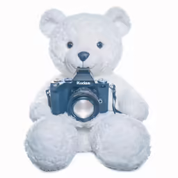 a white teddy bear holding a blue and white camera