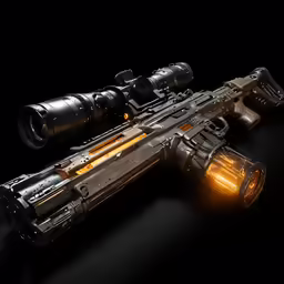 the rifle and flashlights are in front of a dark background