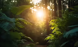 a sun peeking through the trees and green ferns