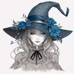 a girl wearing a blue witches hat