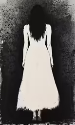 a person in a white dress is standing against a wall