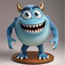 blue monster character with horns stands on a wooden base