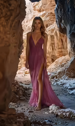 a beautiful woman in purple dress walking on rocks