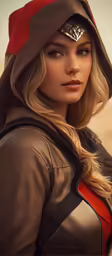 a young lady with a hooded up head piece
