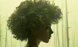 a portrait of a woman with curly hair in a forest