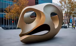 a sculpture on the sidewalk with trees and buildings in the background